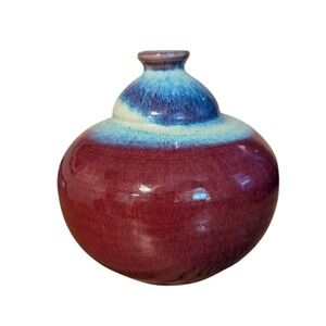 Studio Pottery Weed Pot Flame Glaze Red And Light Blue Gloss Signed
